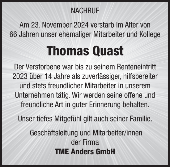 Traueranzeige von Thomas Quast von Deister- und Weserzeitung