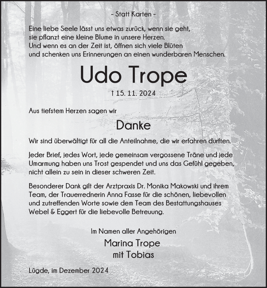  Traueranzeige für Udo Trope vom 14.12.2024 aus Deister- und Weserzeitung