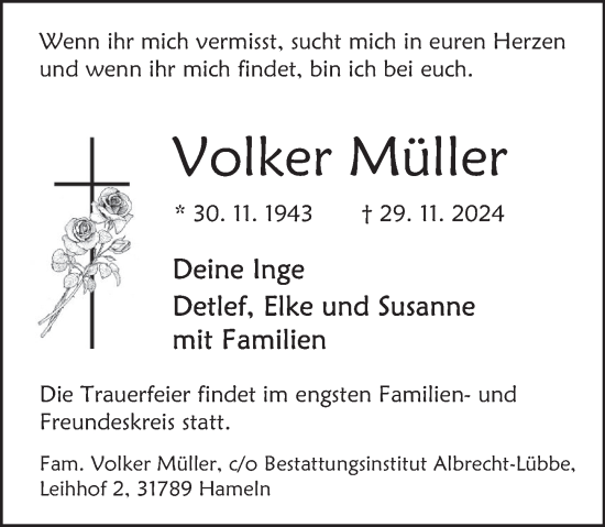 Traueranzeige von Volker Müller von Deister- und Weserzeitung