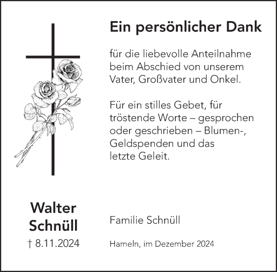 Traueranzeige von Walter Schnüll von Deister- und Weserzeitung
