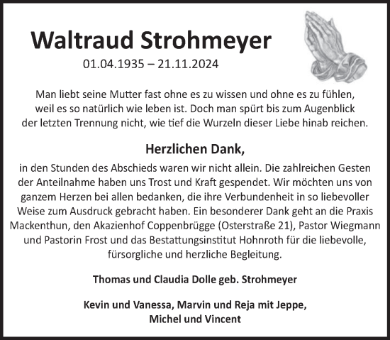 Traueranzeige von Waltraud Strohmeyer von Deister- und Weserzeitung