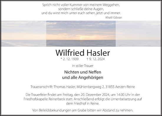 Traueranzeige von Wilfried Hasler von Deister- und Weserzeitung