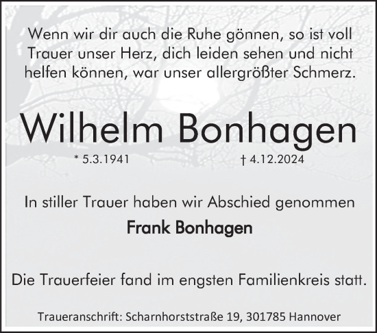 Traueranzeige von Wilhelm Bonhagen von Deister- und Weserzeitung