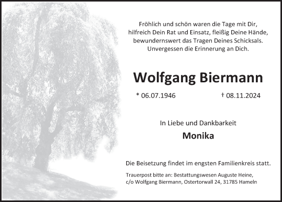 Traueranzeige von Wolfgang Biermann von Deister- und Weserzeitung