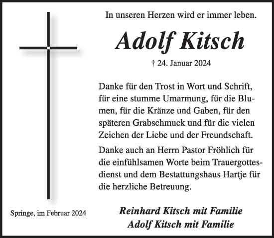 Traueranzeige von Adolf Kitsch von Neue Deister-Zeitung