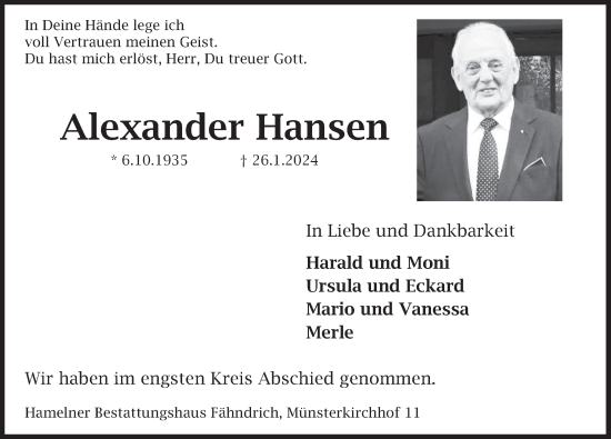 Traueranzeige von Alexander Hansen von Deister- und Weserzeitung