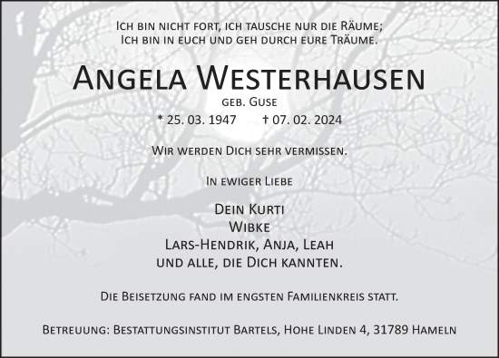 Traueranzeige von Angela Westerhausen von Deister- und Weserzeitung