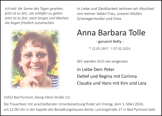 Traueranzeige von Anna Barbara Tolle von Deister- und Weserzeitung