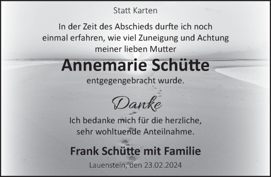 Traueranzeige von Annemarie Schütte von Deister- und Weserzeitung