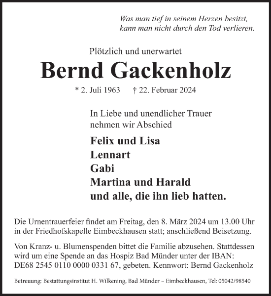 Traueranzeige von Bernd Gackenholz von Deister- und Weserzeitung