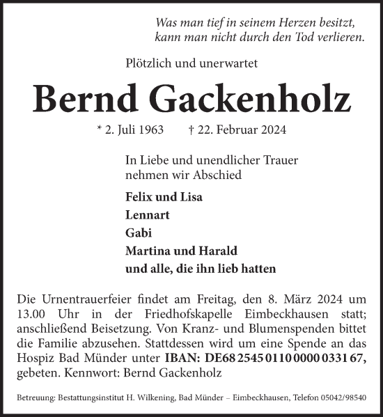 Traueranzeige von Bernd Gackenholz von Neue Deister-Zeitung