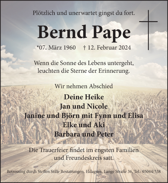 Traueranzeige von Bernd Pape von Neue Deister-Zeitung