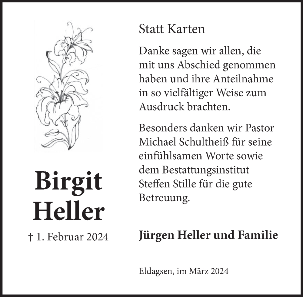  Traueranzeige für Birgit Heller vom 02.03.2024 aus Neue Deister-Zeitung