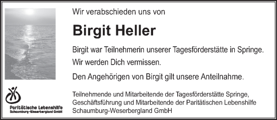 Traueranzeige von Birgit Heller von Neue Deister-Zeitung