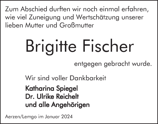 Traueranzeige von Brigitte Fischer von Deister- und Weserzeitung