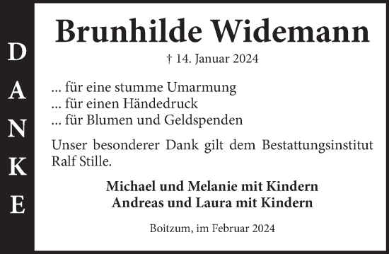 Traueranzeige von Brunhilde Widemann von Neue Deister-Zeitung