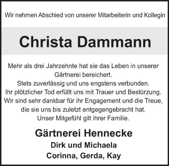 Traueranzeige von Christa Dammann von Deister- und Weserzeitung