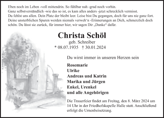 Traueranzeige von Christa Schöl von Deister- und Weserzeitung