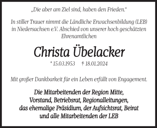 Traueranzeige von Christa Übelacker von Deister- und Weserzeitung