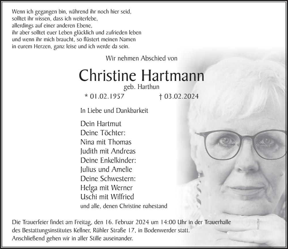  Traueranzeige für Christine Hartmann vom 10.02.2024 aus Deister- und Weserzeitung