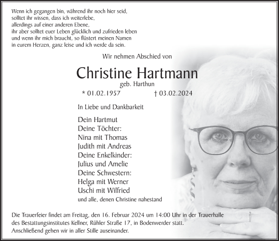 Traueranzeige von Christine Hartmann von Deister- und Weserzeitung