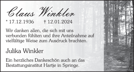 Traueranzeige von Claus Winkler von Neue Deister-Zeitung