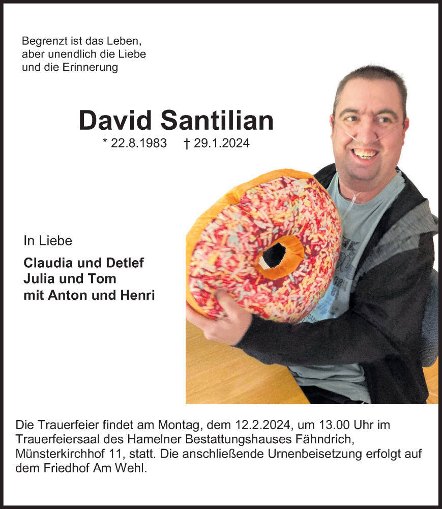  Traueranzeige für David Santilian vom 03.02.2024 aus Deister- und Weserzeitung