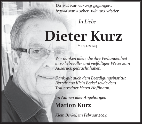 Traueranzeige von Dieter Kurz von Deister- und Weserzeitung