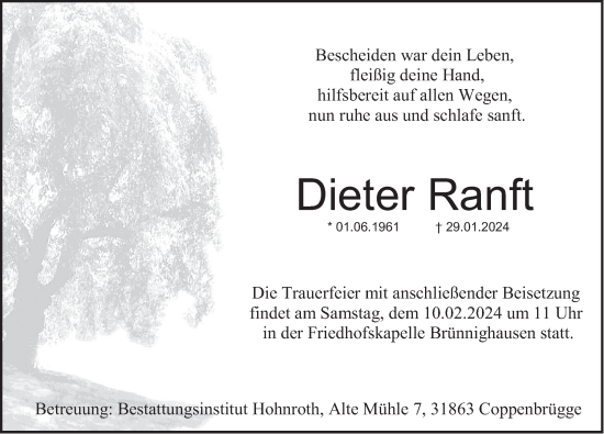 Traueranzeige von Dieter Ranft von Deister- und Weserzeitung