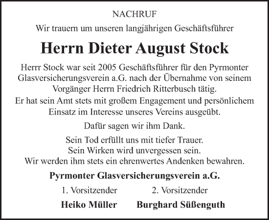 Traueranzeige von Dieter August Stock von Deister- und Weserzeitung