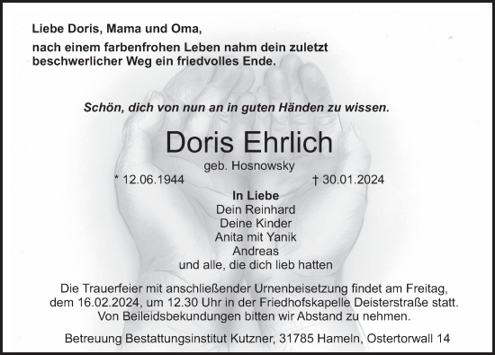 Traueranzeige von Doris Ehrlich von Deister- und Weserzeitung