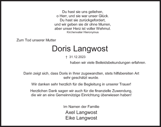 Traueranzeige von Doris Langwost von Deister- und Weserzeitung