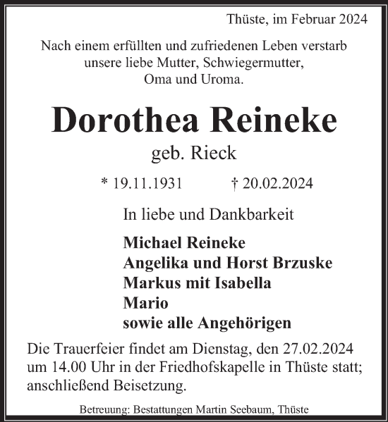 Traueranzeige von Dorothea Reineke von Deister- und Weserzeitung