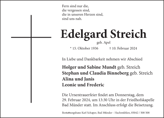 Traueranzeige von Edelgard Streich von Neue Deister-Zeitung