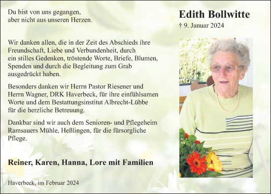 Traueranzeige von Edith Bollwitte von Deister- und Weserzeitung