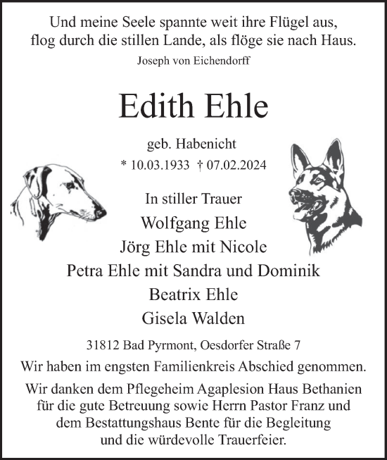 Traueranzeige von Edith Ehle von Deister- und Weserzeitung