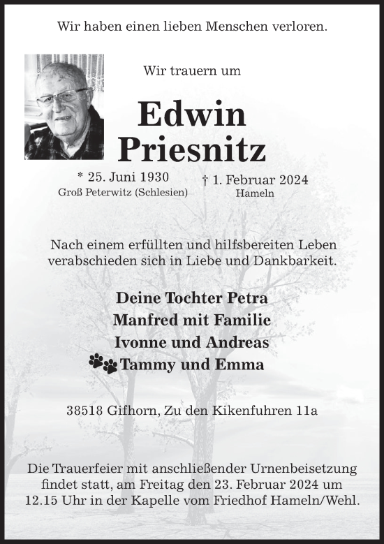 Traueranzeige von Edwin Priesnitz von Deister- und Weserzeitung