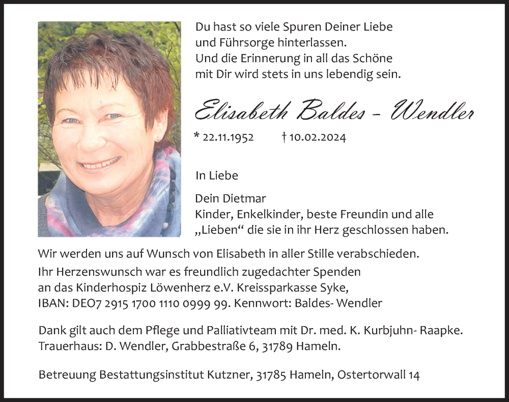  Traueranzeige für Elisabeth Baldes-Wendler vom 17.02.2024 aus Deister- und Weserzeitung