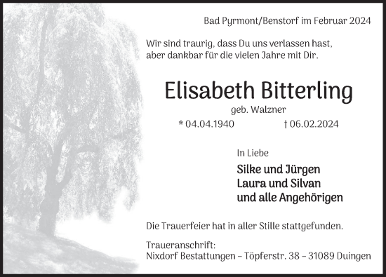 Traueranzeige von Elisabeth Bitterling von Deister- und Weserzeitung