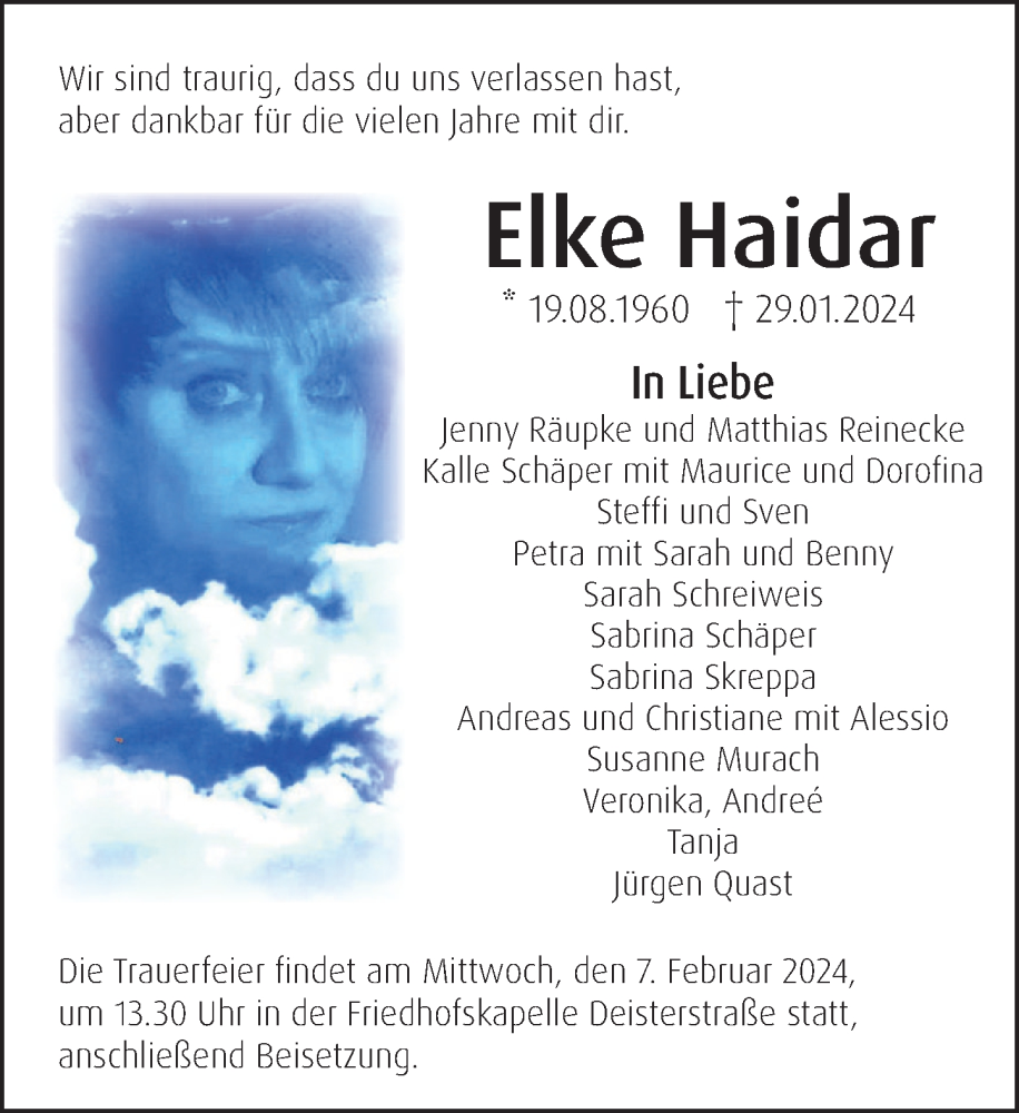  Traueranzeige für Elke Haidar vom 05.02.2024 aus Deister- und Weserzeitung