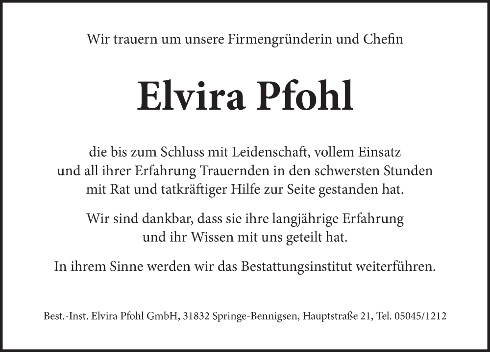  Traueranzeige für Elvira Pfohl vom 24.02.2024 aus Neue Deister-Zeitung