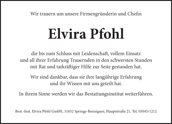 Traueranzeige von Elvira Pfohl von Neue Deister-Zeitung