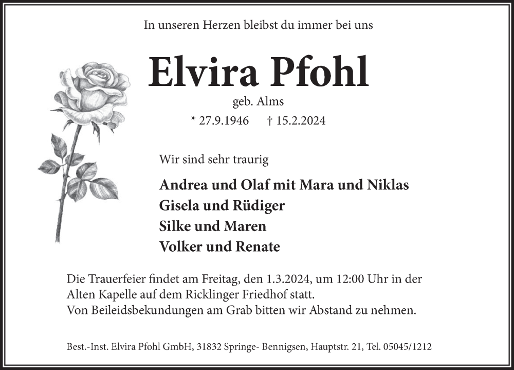  Traueranzeige für Elvira Pfohl vom 24.02.2024 aus Neue Deister-Zeitung