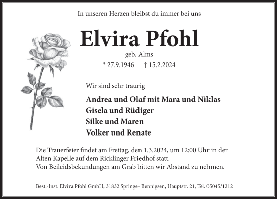 Traueranzeige von Elvira Pfohl von Neue Deister-Zeitung