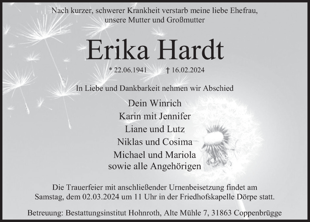  Traueranzeige für Erika Hardt vom 24.02.2024 aus Deister- und Weserzeitung