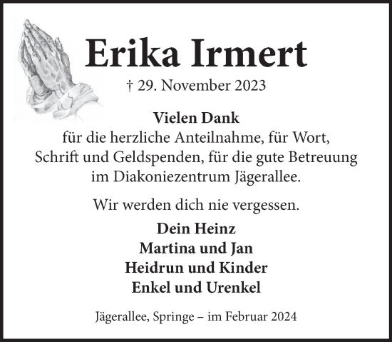 Traueranzeige von Erika Irmert von Neue Deister-Zeitung