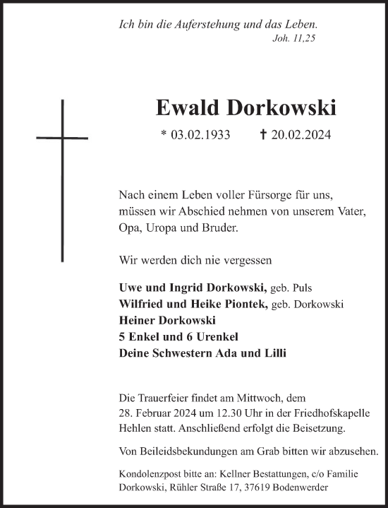 Traueranzeige von Ewald Dorkowski von Deister- und Weserzeitung