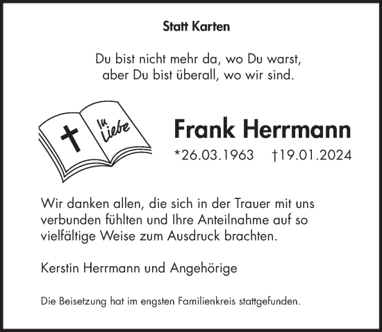Traueranzeige von Frank Herrmann von Deister- und Weserzeitung