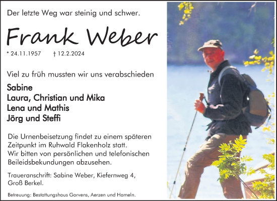Traueranzeige von Frank Weber von Deister- und Weserzeitung