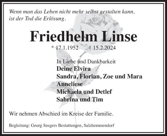 Traueranzeige von Friedhelm Linse von Deister- und Weserzeitung
